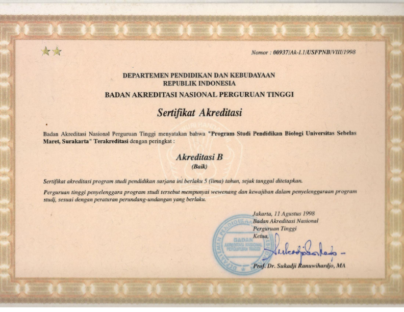 Sertifikat Akreditasi S-1 Pendidikan Biologi