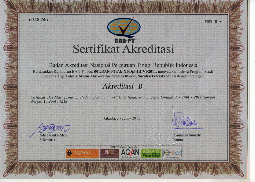 Sertifikat Akreditasi D-3 Teknik Mesin