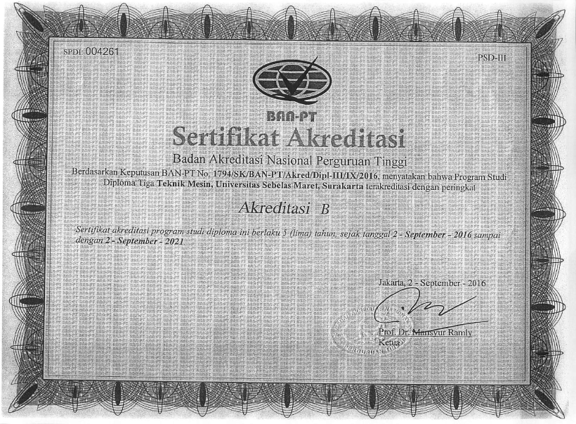 Sertifikat Akreditasi D-3 Teknik Mesin