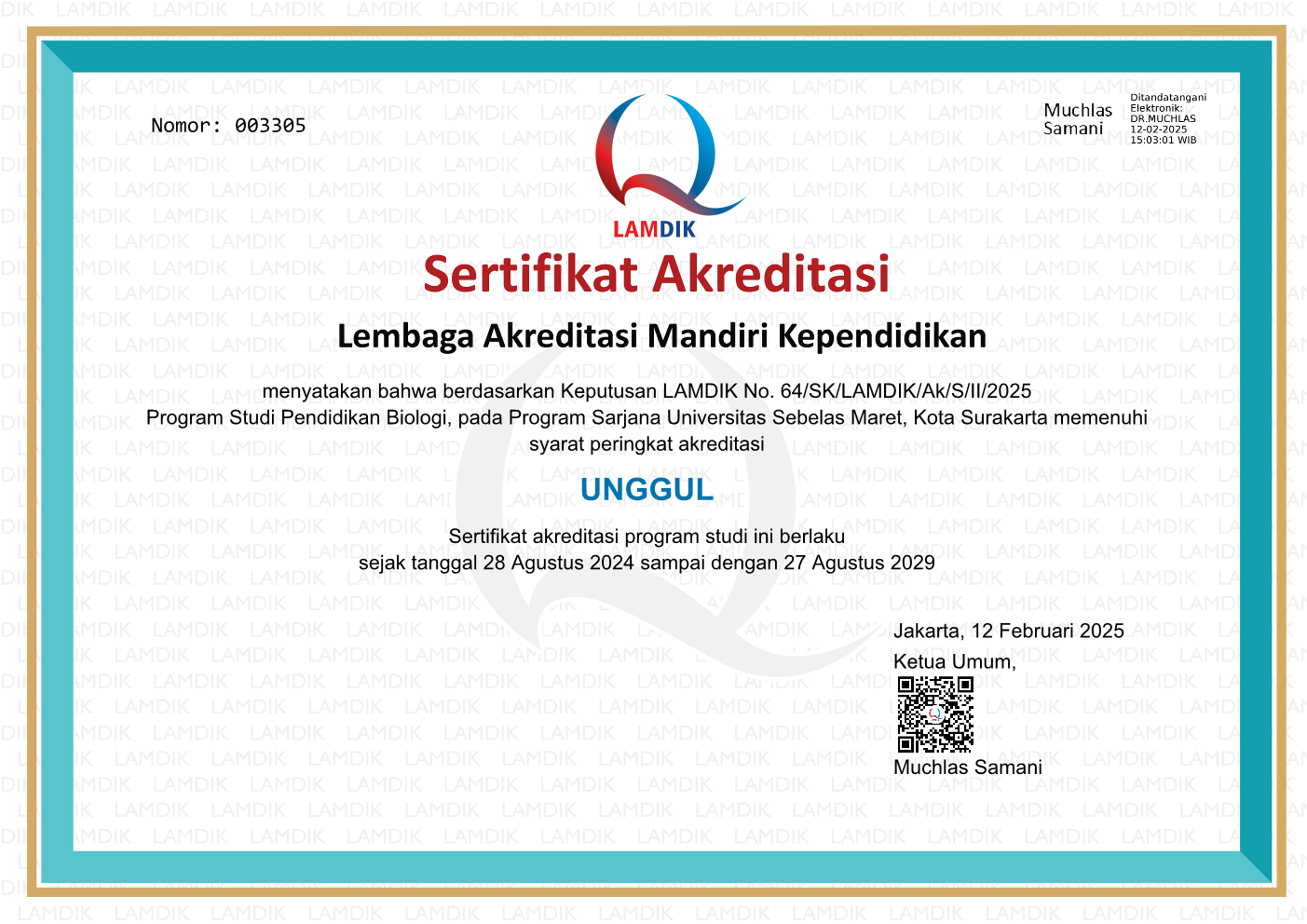 Sertifikat Akreditasi S-1 Pendidikan Biologi